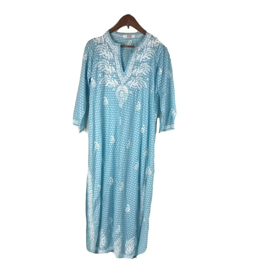 Amaya Textiles Size 40 (10) Blue White Floral Embroidered Kaftan Caftan Dress - Picture 2 of 12